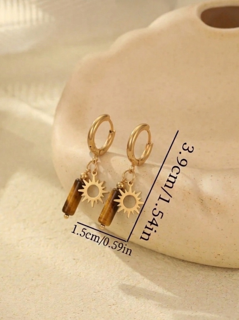 Natural TIGER’S EYE stone crystal drop earrings NEW goldtone sun - Picture 4 of 5